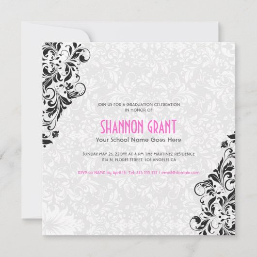 Floral noir et blanc Damas-Elegant Invitation Grad (Devant)