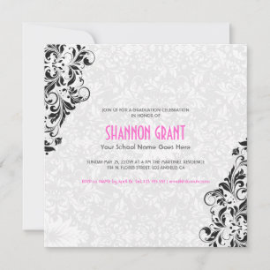 Floral noir et blanc Damas-Elegant Invitation Grad