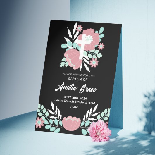 Floral Noir et Blanc Elégant baptême Invitation