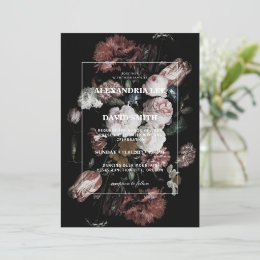 Floral noir foncé faire-part de mariage (Debout devant)