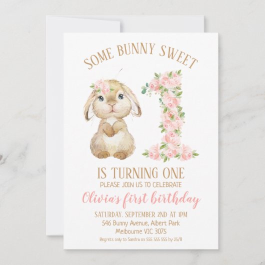 Floral Number Bunny Rabbit 1st Birthday Invitation Kaart (Voorkant)
