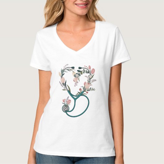 Floral Nurse Stethoscope T-Shirt – Soft Pastel  (Devant)