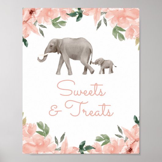 Floral Olifant Meisje Baby shower Snoepjes en Trea Poster (Voorkant)