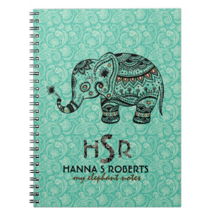Floral & olifant met zwarte en blauwgroene retro notitieboek