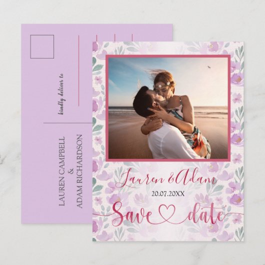 Floral Ombre Pink en Paarse Waterverf Aankondigingskaart (Voorkant / Achterkant)