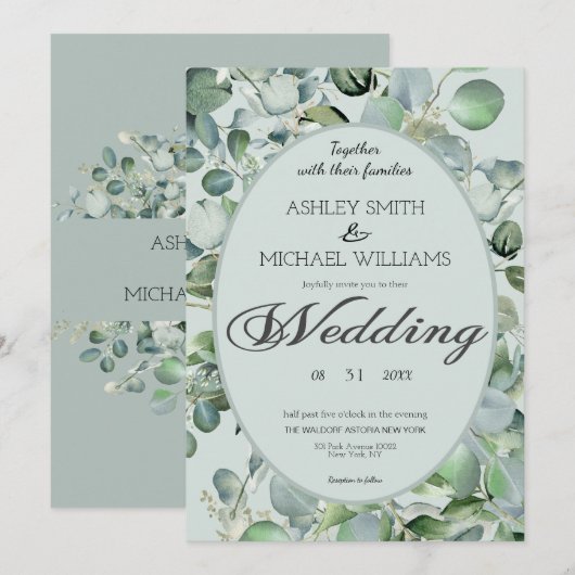 Floral omgeven Eucalyptus Greenery Wedding Kaart (Voorkant / Achterkant)