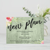 Floral on Green Wood "New Plan" Postponed Wedding Kaart (Staand voorkant)