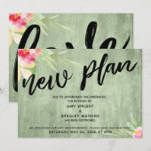 Floral on Green Wood "New Plan" Postponed Wedding Kaart (Voorkant / Achterkant)