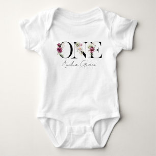 Floral ONE Baby Meisje 1e Verjaardag + Naam Outfit Romper