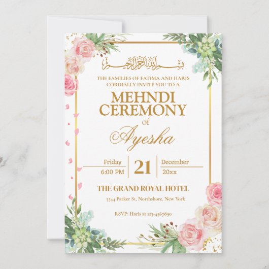 Floral or Mariage islamique Mehndi Invitation (Devant)
