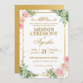Floral or Mariage islamique Mehndi Invitation (Devant / Derrière)