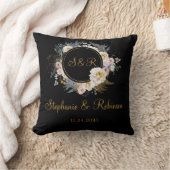 Floral Or Sur Oreiller Mariage Monogramme Noir (Couverture)