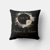 Floral Or Sur Oreiller Mariage Monogramme Noir (Verso)