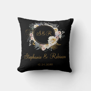 Floral Or Sur Oreiller Mariage Monogramme Noir