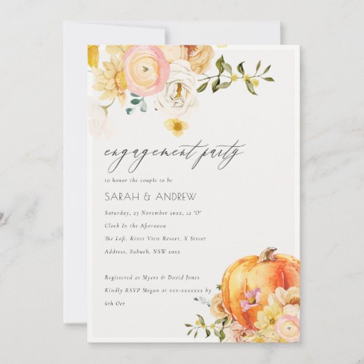 Floral Orange Automne Citrouille Invitation Fiança (Devant)