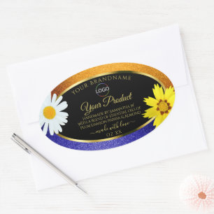 Floral Orange Bleu Noir produit Étiquettes avec lo