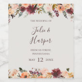 Floral Orange Bourgogne | Étiquette de vin Mariage (Étiquettes simples)