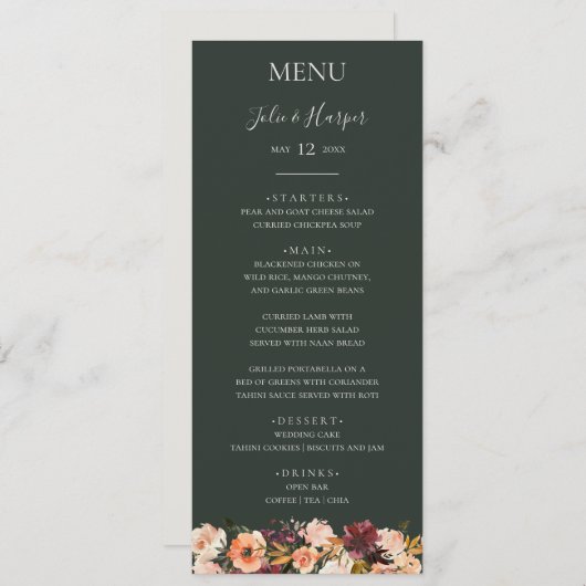 Floral Orange Bourgogne | Menu Dîner Mariage Vert (Devant / Derrière)