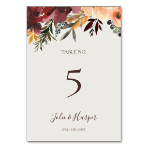 Floral Orange Bourgogne Numéro de table beige
