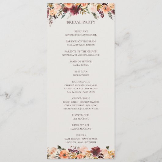 Floral Orange Bourgogne | Programme de mariage bei (Dos)