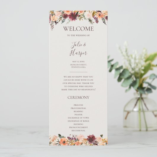 Floral Orange Bourgogne | Programme de mariage bei (Debout devant)