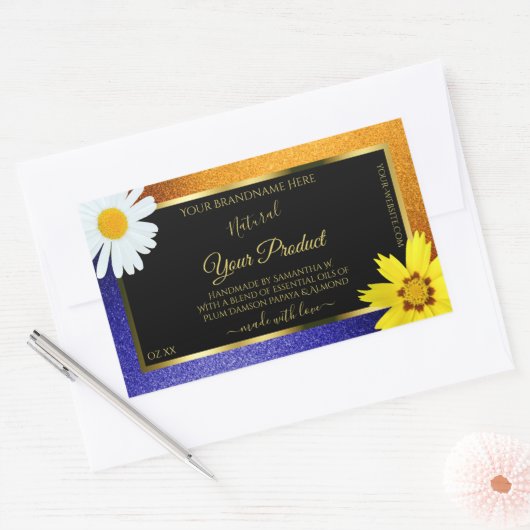 Floral Oranje Blue Glitter Black Product Labels (Envelop)