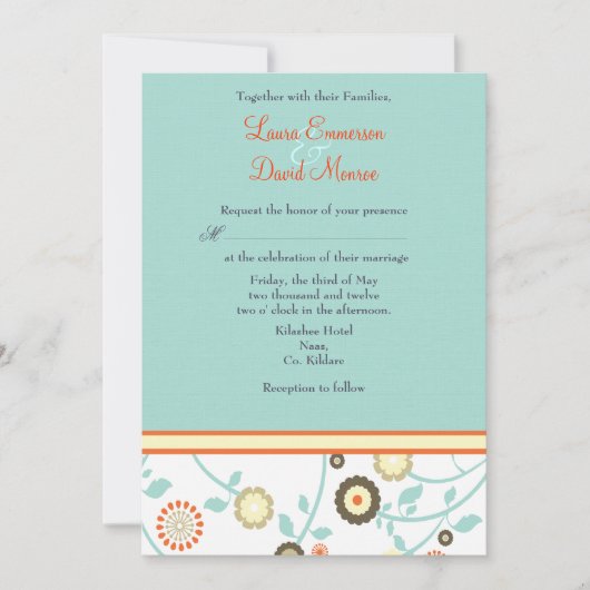 Floral oranje en blue Wedding-uitnodiging Kaart (Voorkant)