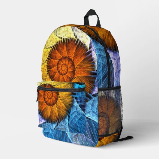 Floral Oranje Geel Blauw Abstracte Kunst Bedrukte Rugzak (Achterkant Hoek Rechts)
