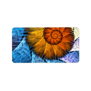 Floral Oranje Geel Blauw Abstracte Kunst Etiket