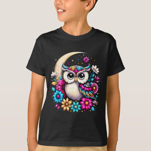 Floral Owl And Moon  T-shirt (Voorkant)