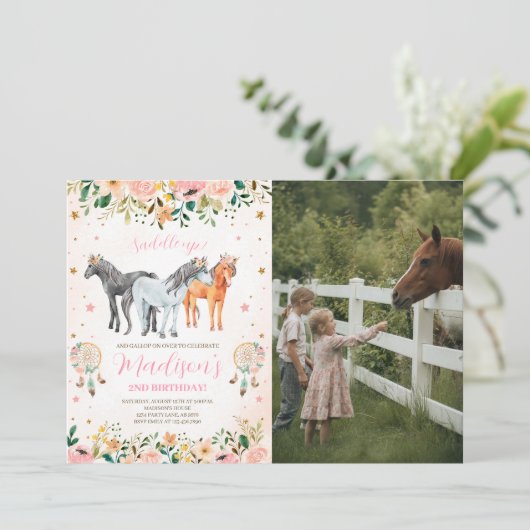 Floral Paard Verjaardag Foto Kaart (Staand voorkant)