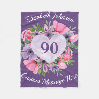 Floral Paars 90th Birthday Blanket for Women Fleece Deken