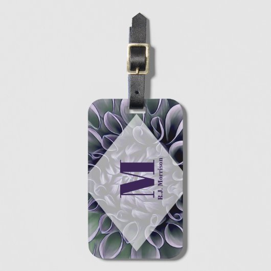 Floral Paars Bloom met monogram en naam Bagagelabel (Voorkant (verticaal))