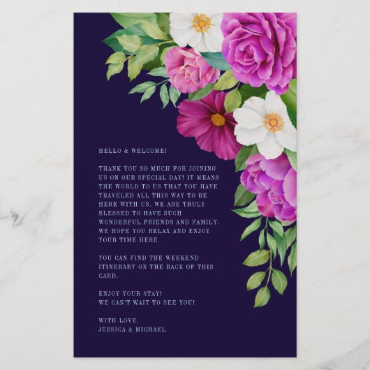 Floral Paars Blue Wedding Welcome Itinerary (Voorkant)
