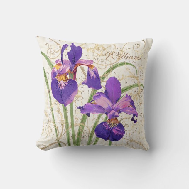 Floral Paars Iris Gold Monogram Kussen (Voorkant)