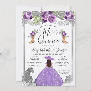 Floral Paars Silver Glam Horse Charra Quinceanera Kaart