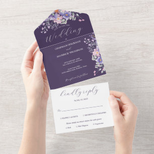 Floral Paarse Dreams Simple Wedding All In One Uitnodiging