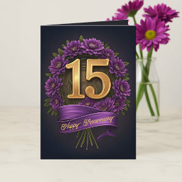 Floral Paarse en gouden 15e bruiloft Jubileum Kaart