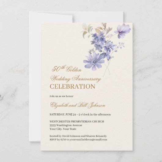Floral Paarse Goud 50ste bruiloft Jubileum Kaart (Voorkant)