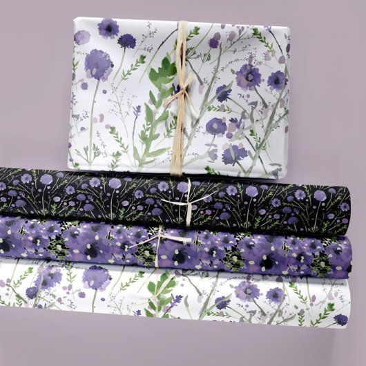 Floral Paarse Waterverf Trio Decoupage Gift Inpakpapier Vel