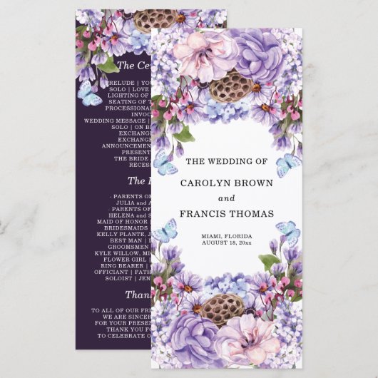 Floral Paarse Waterverf Wedding Programme Programma (Voorkant / Achterkant)