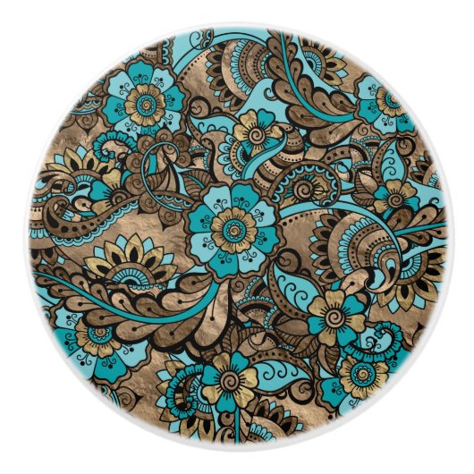 Floral Paisley Pattern - blauwgroen en gouden soor Keramische Knop (Voorkant)