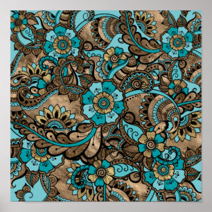 Floral Paisley Pattern - blauwgroen en gouden soor Poster