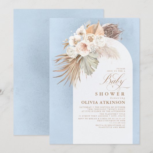 Floral Pampas Grass Boho Dusty Blue Baby shower Kaart (Voorkant / Achterkant)