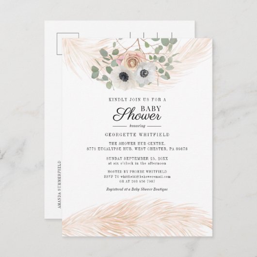 Floral Pampas Grass Girl Baby shower Uitnodiging Briefkaart (Voorkant / Achterkant)