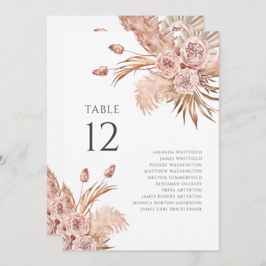 Floral Pampas Grass Numéro de table Mariage Siège (Devant / Derrière)