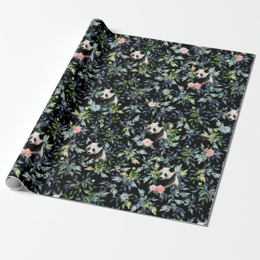 Floral Panda Pattern Cadeaupapier (Uitgerold)