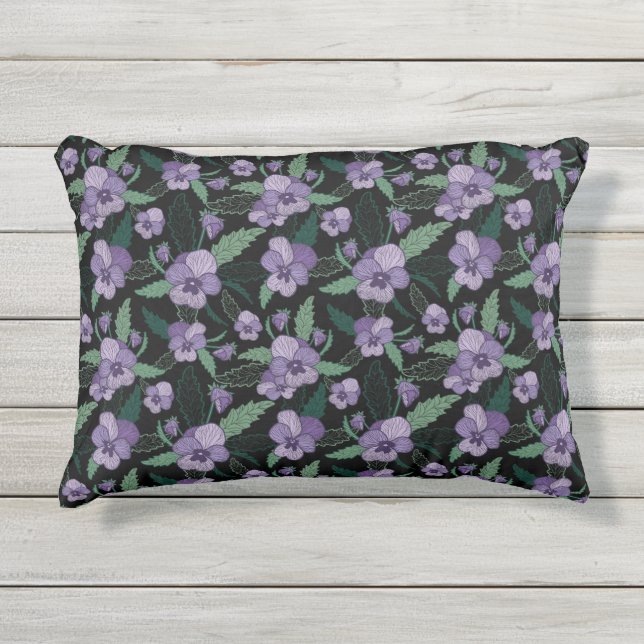 Floral Pansy met Foliage op Donkere achtergrond Buitenkussen (Voorkant)