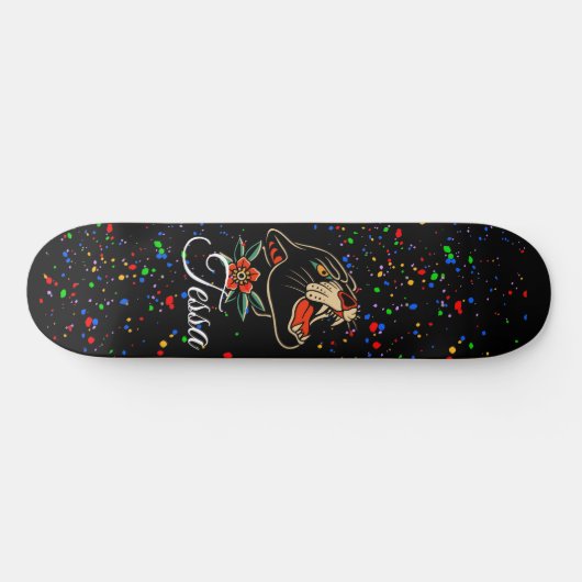 Floral Panther Splatter Script Monogram Naam Skateboard (Horizontaal)