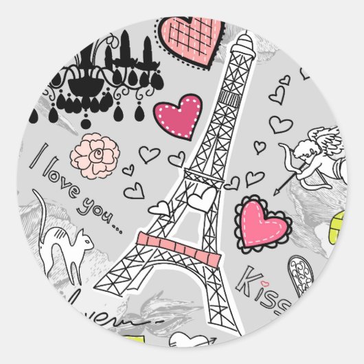 Floral Paris Eiffel Tower zwart roze en grijs Ronde Sticker (Voorkant)